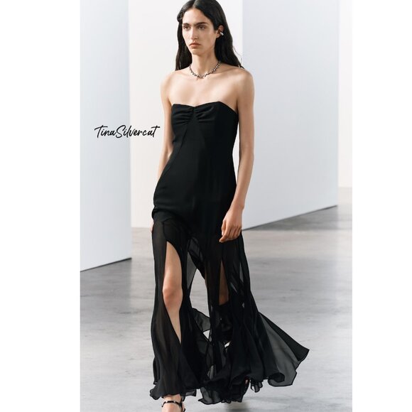BLOGGER'S FAVE! Zara Semi Sheer Strapless Midi Dress Black NWT - Picture 6 of 14